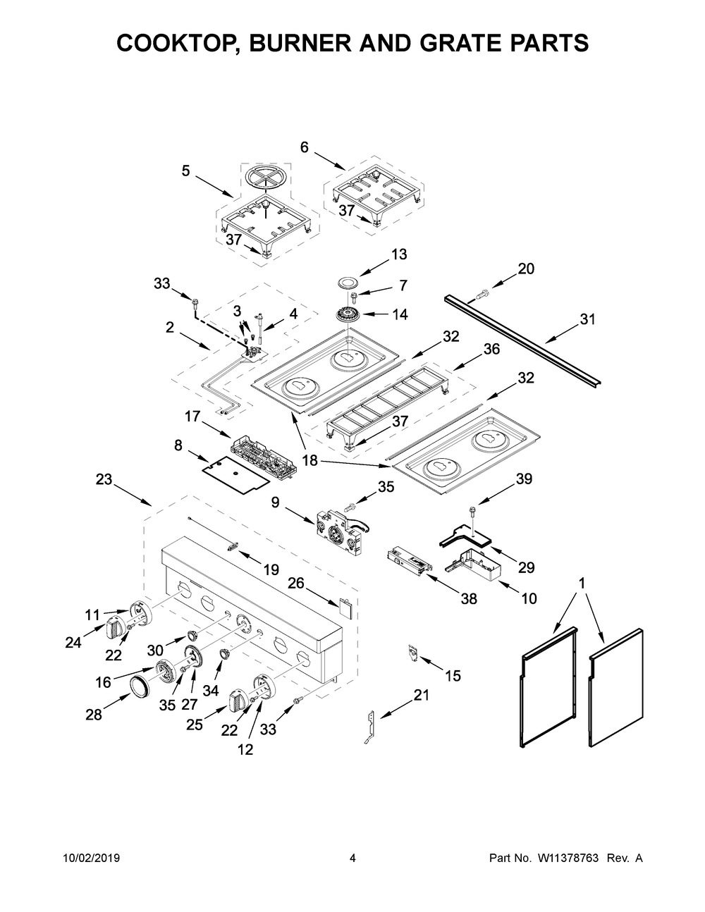 Cooktop, Burner And Grate Parts Diagram and Parts List for KFDC500JMB00  Whirlpool Range