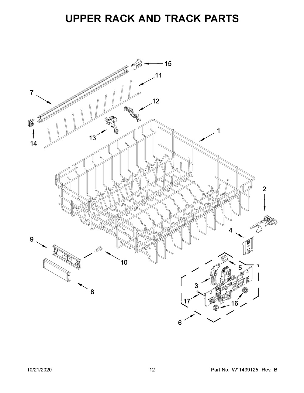 Upper Rack And Track Parts Diagram and Parts List for KDFM404KBS0  Whirlpool Dishwasher