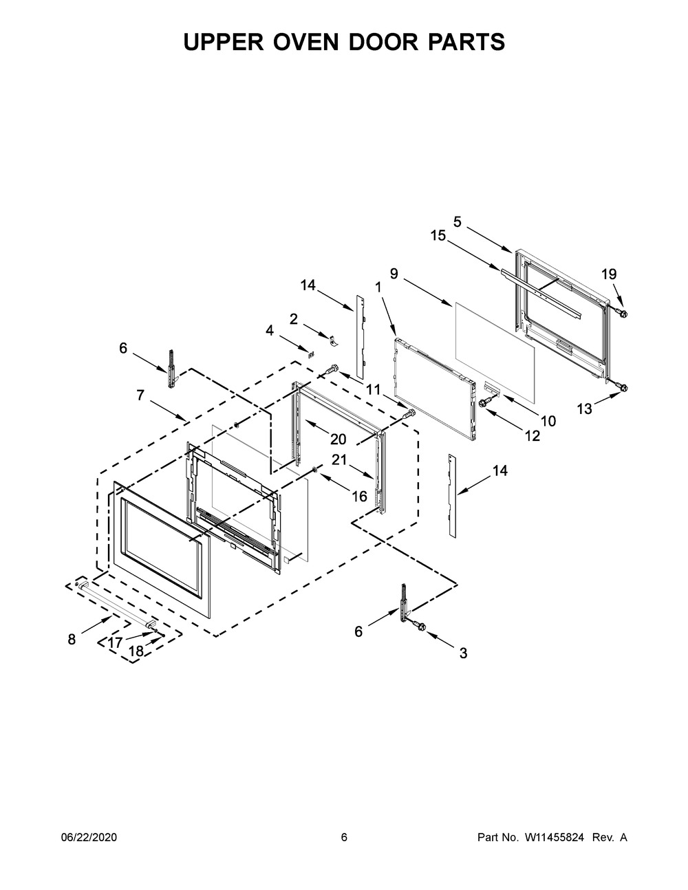 Upper Oven Door Parts Diagram and Parts List for KODE507EBL05  Whirlpool Microwave Oven Combo