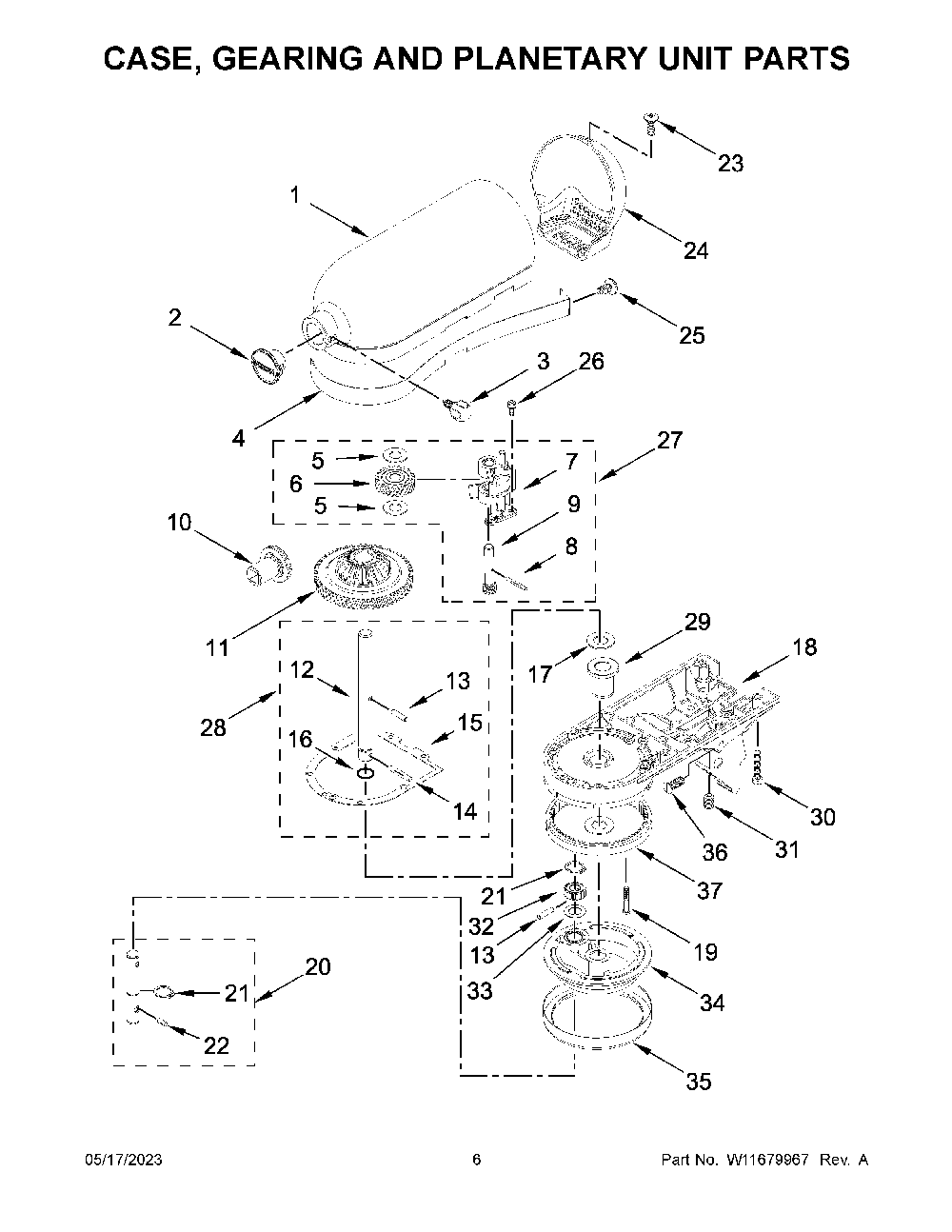 Case, Gearing And Planetary Unit Parts Diagram and Parts List for KSM100PSOB5  KitchenAid Mixer