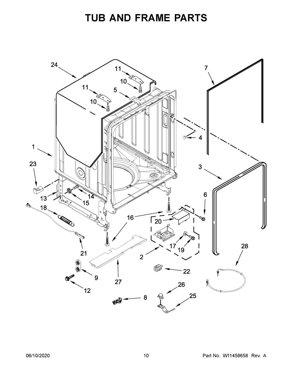 Tub And Frame Parts Diagram and Parts List for KDTE234GPS1  Whirlpool Dishwasher