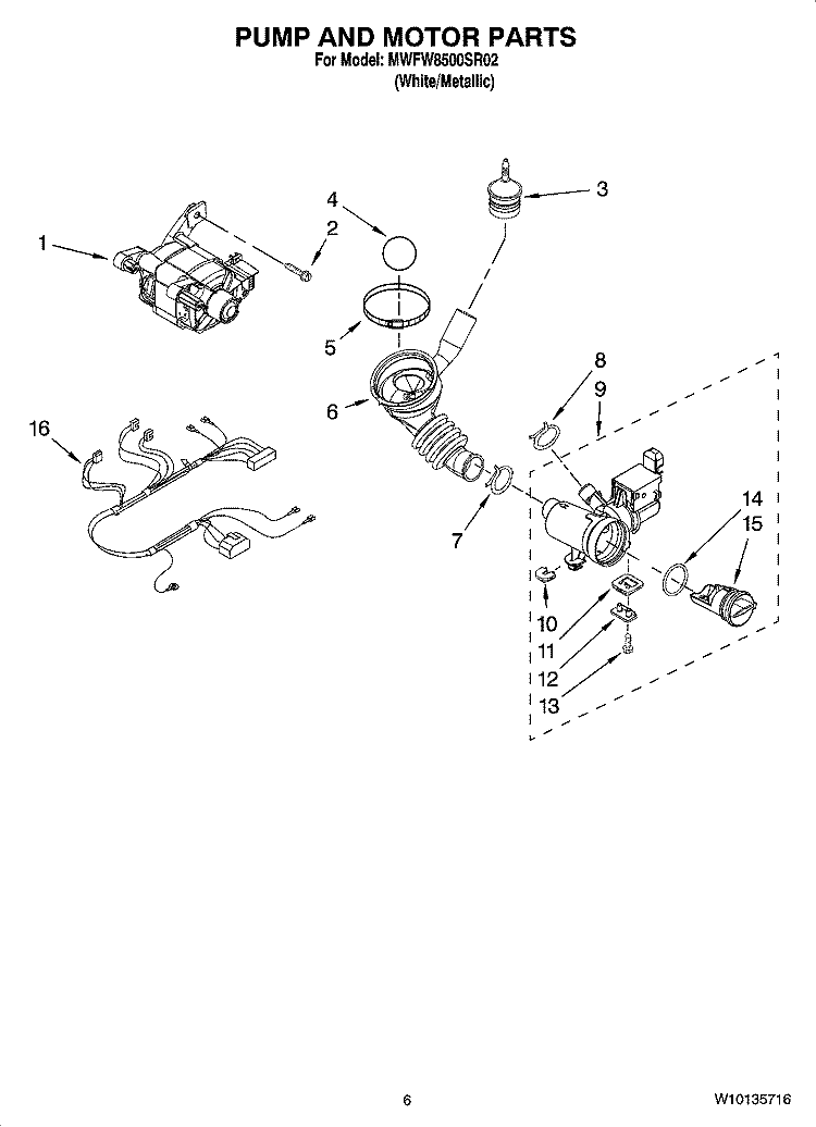 PUMP AND MOTOR PARTS Diagram and Parts List for MWFW8500SR02  Whirlpool Washer