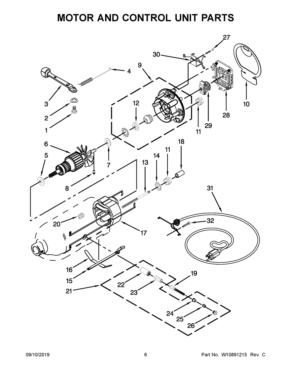 Motor And Control Unit Parts Diagram and Parts List for 5KSM125BBM4  Whirlpool Mixer