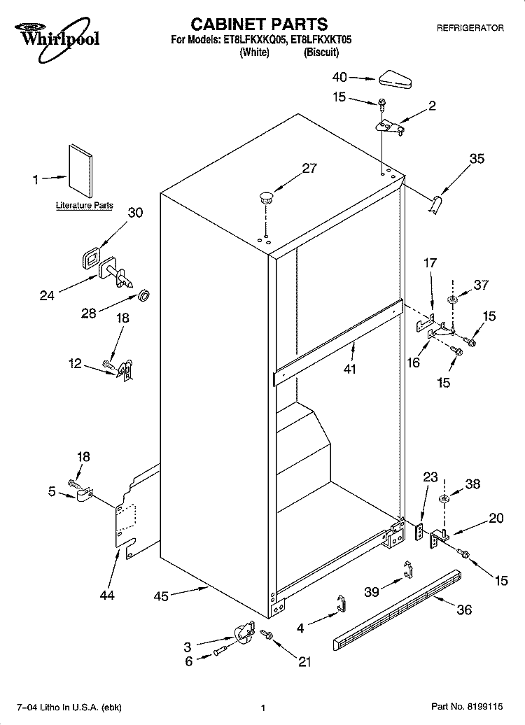 CABINET PARTS Diagram and Parts List for ET8LFKXKT05  Whirlpool Refrigerator
