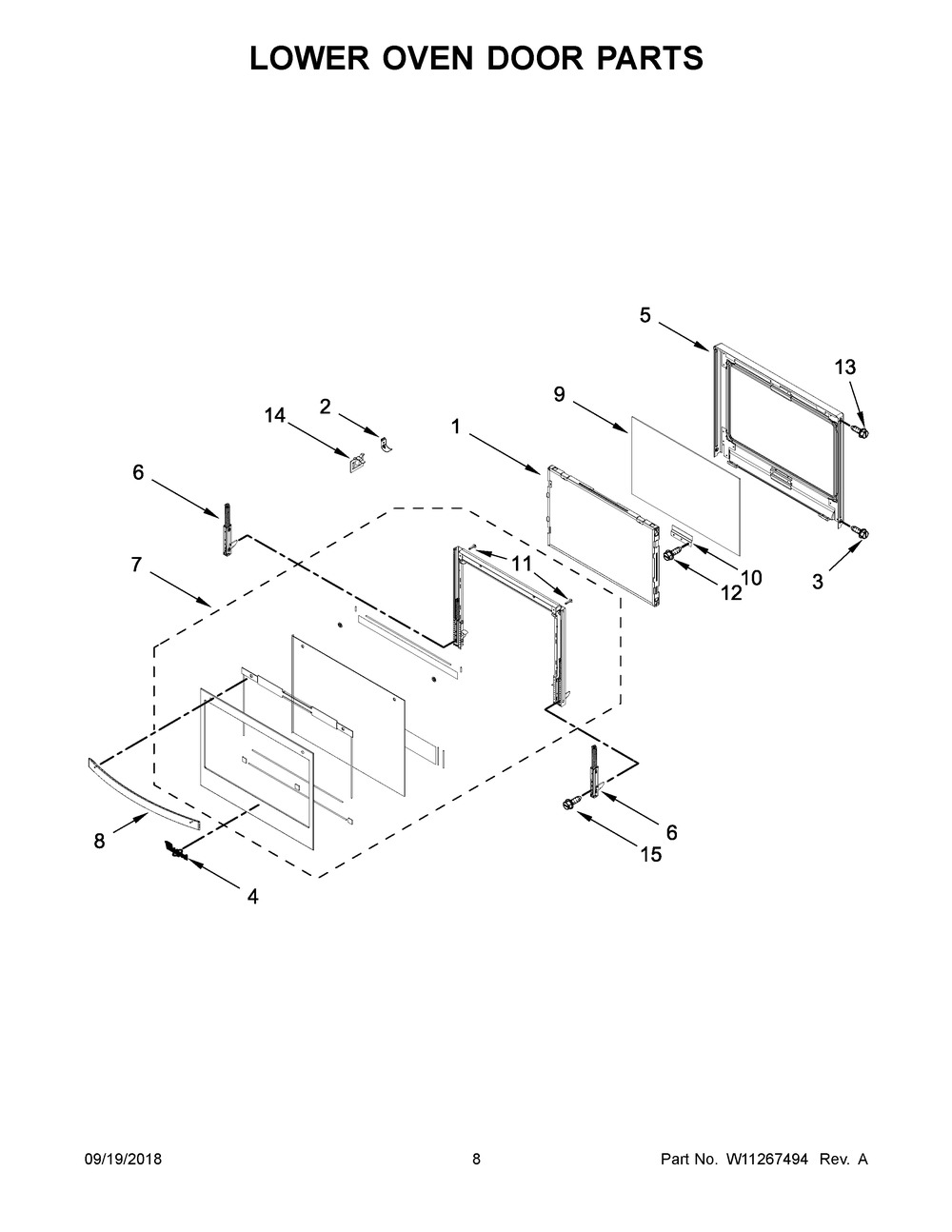Lower Oven Door Parts Diagram and Parts List for WOD77EC0HS01  Whirlpool Wall Oven