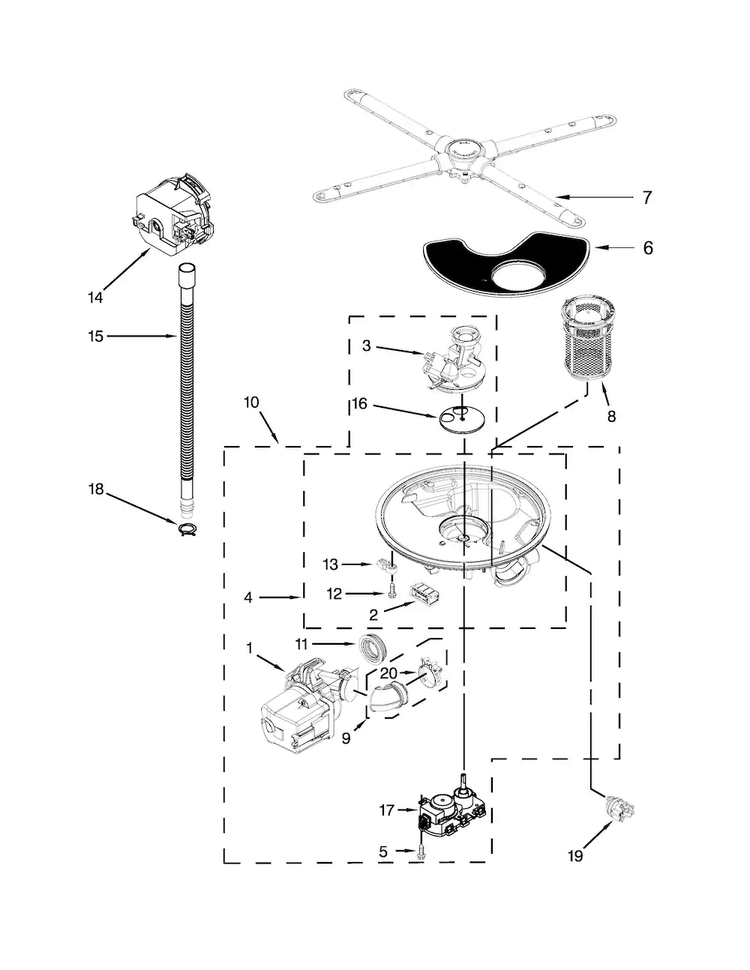 Pump, Washarm And Motor Parts Diagram and Parts List for KDTE304DWH0  KitchenAid Dishwasher