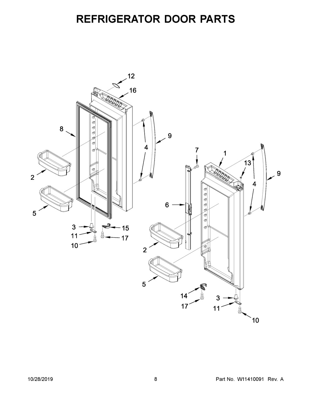 Refrigerator Door Parts Diagram and Parts List for WRF535SWHZ03  Whirlpool Refrigerator
