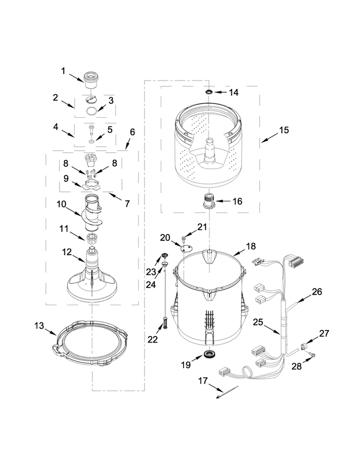 Basket And Tub Parts Diagram and Parts List for 1CWTW4800YQ2  Whirlpool Washer