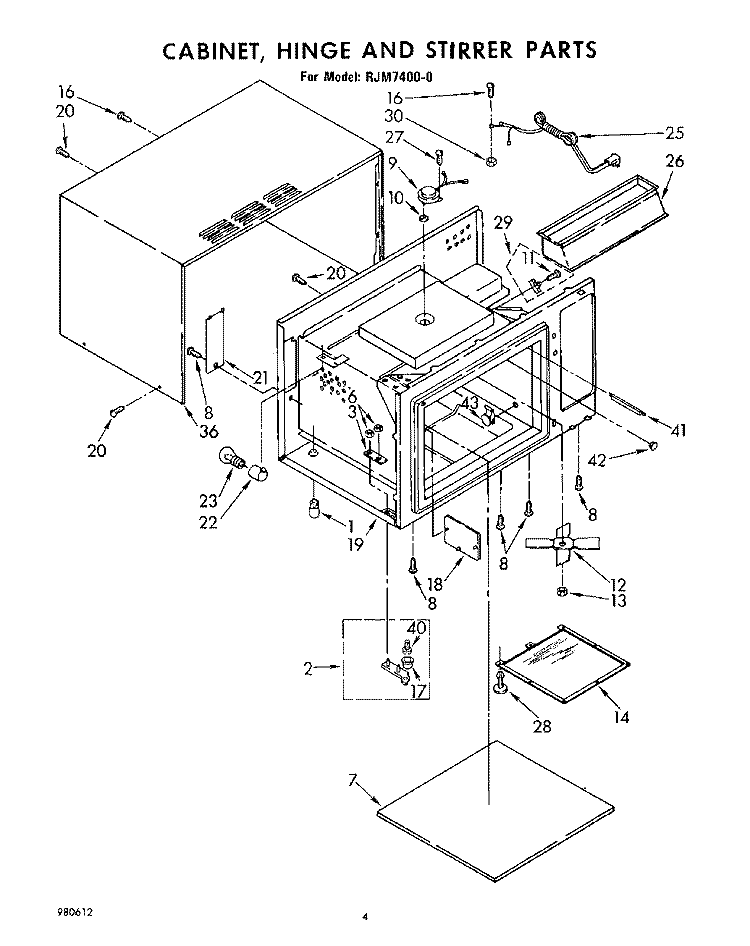 CABINET, HINGE AND STIRRER, LIT/OPTIONAL Diagram and Parts List for RJM74000  Whirlpool Microwave