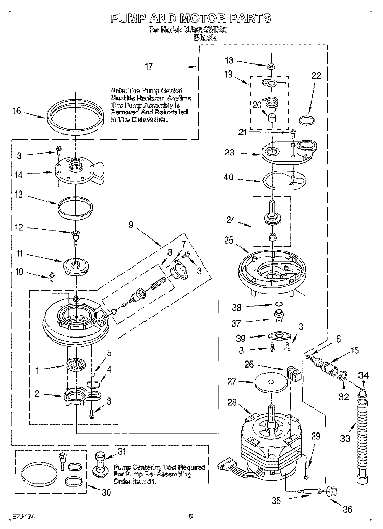 PUMP AND MOTOR Diagram and Parts List for DU935QWDB0  Whirlpool Dishwasher