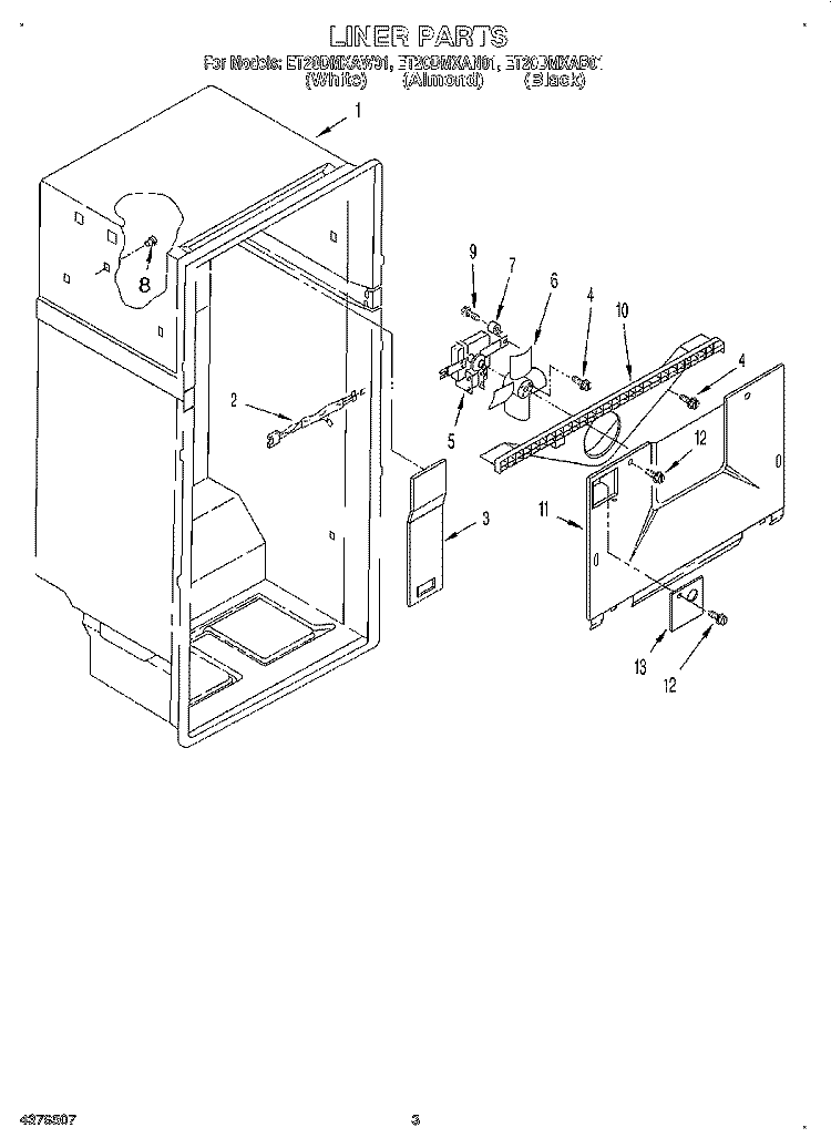 LINER Diagram and Parts List for ET20DMXAB01  Whirlpool Refrigerator