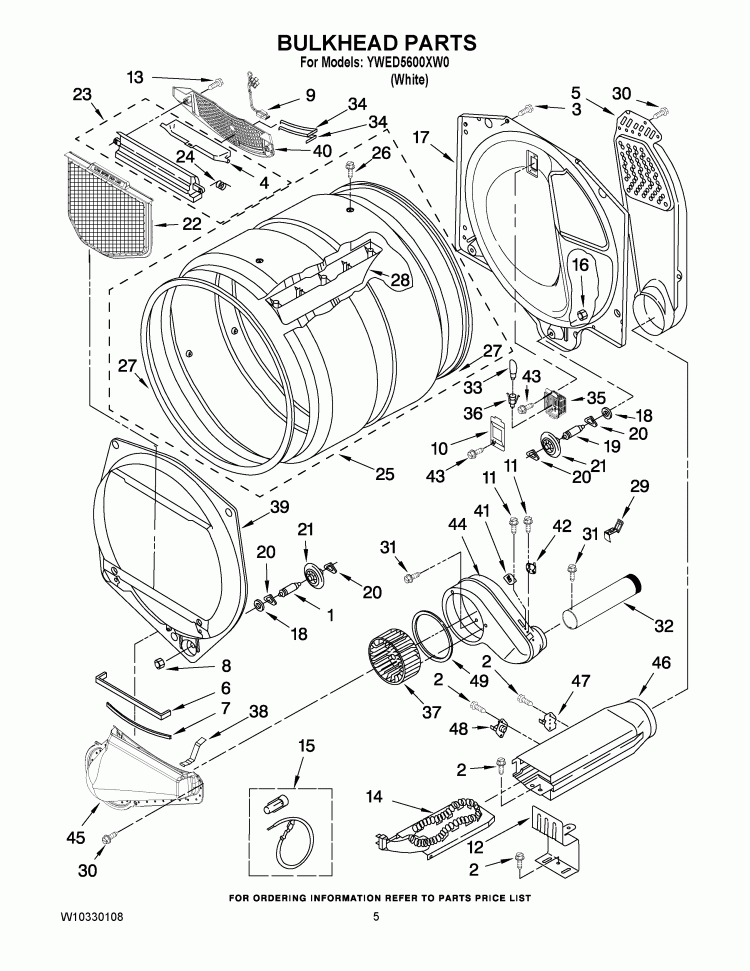 BULKHEAD PARTS Diagram and Parts List for YWED5600XW0  Whirlpool Dryer