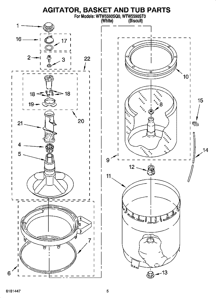 AGITATOR, BASKET AND TUB PARTS Diagram and Parts List for WTW5590SQ0  Whirlpool Washer