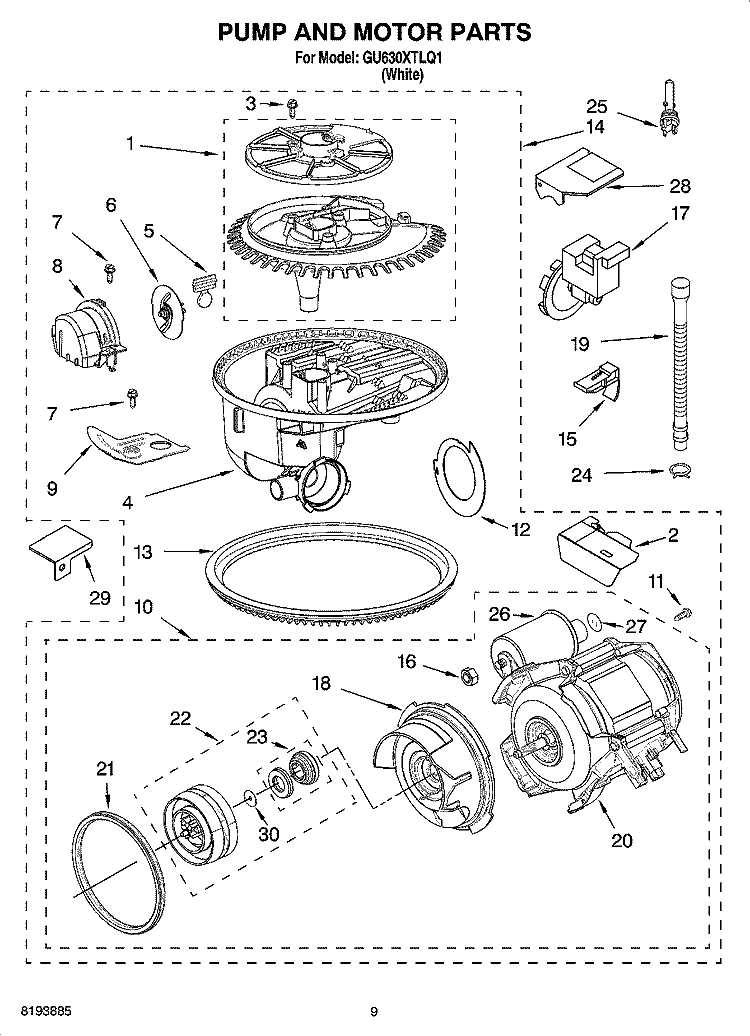 PUMP AND MOTOR PARTS Diagram and Parts List for GU630XTLQ1  Whirlpool Dishwasher