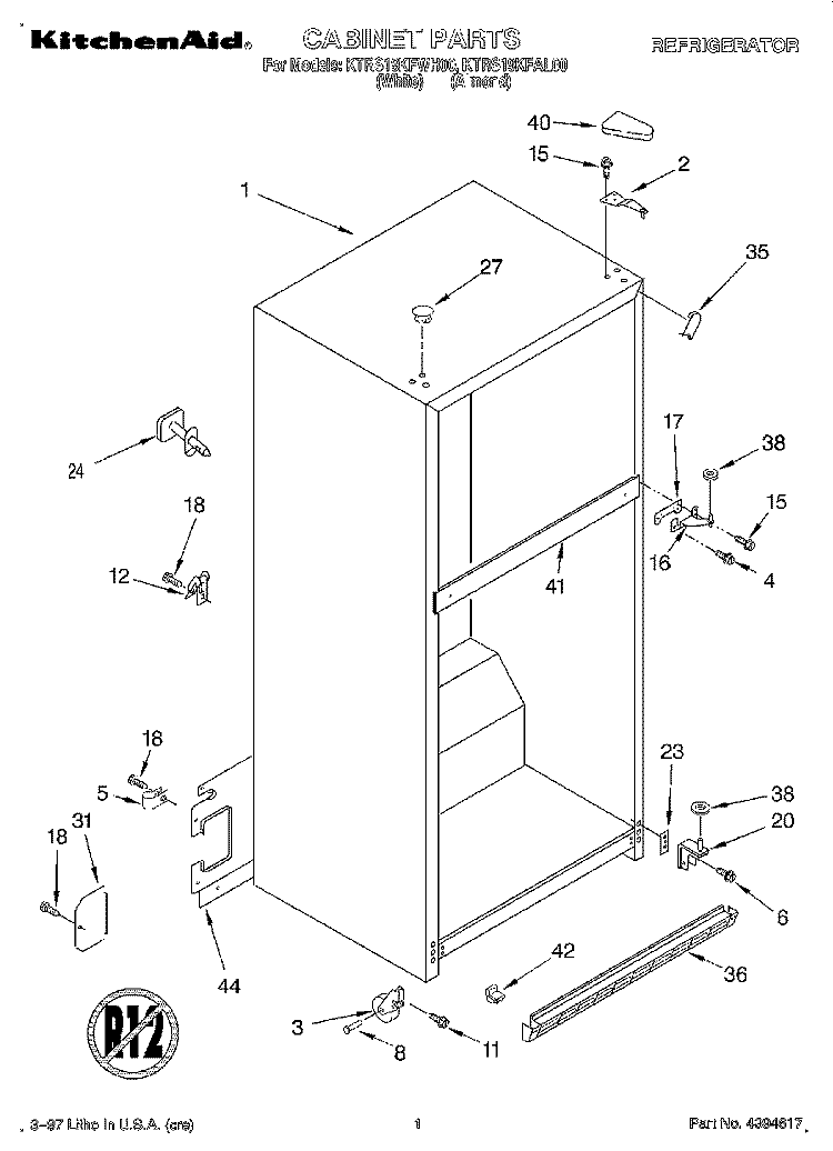CABINET Diagram and Parts List for KTRS19KFWH00  KitchenAid Refrigerator