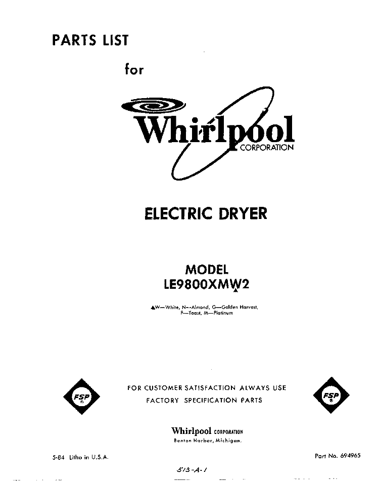 SECTION Diagram and Parts List for LE9800XMW2  Whirlpool Dryer