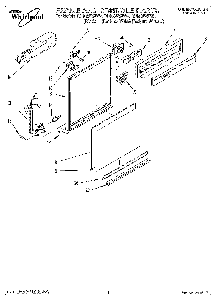 FRAME AND CONSOLE Diagram and Parts List for DU940QWDB4  Whirlpool Dishwasher