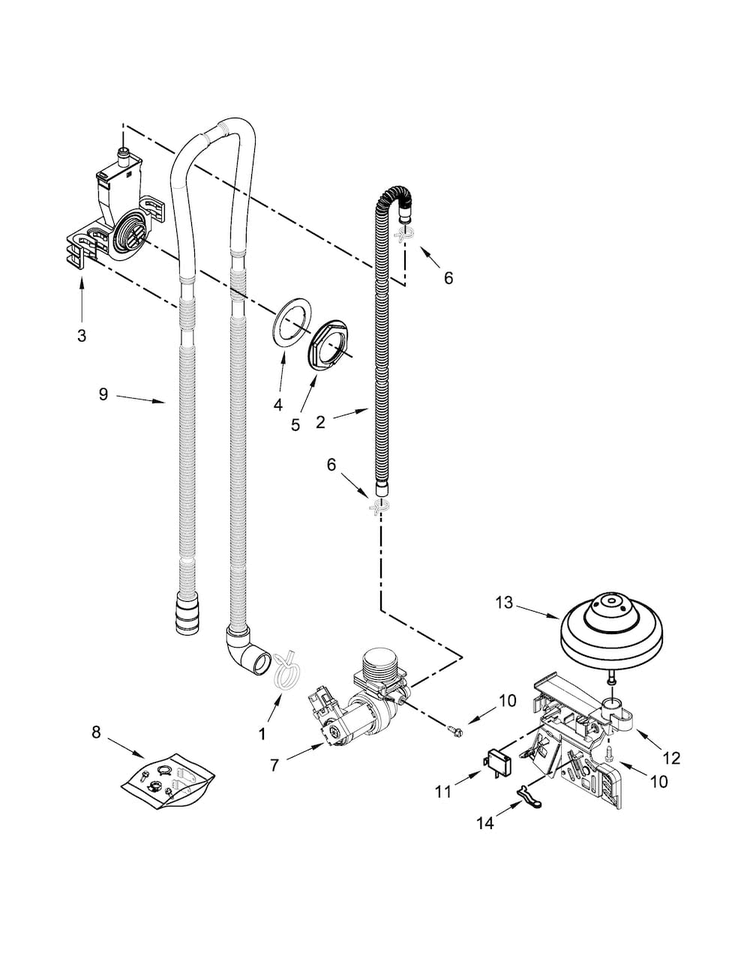 Fill, Drain And Overfill Parts Diagram and Parts List for WDF120PAFT0  Whirlpool Dishwasher
