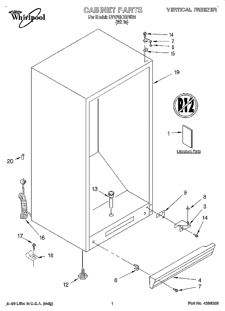 CABINET, LIT/OPTIONAL Diagram and Parts List for EV170NXGW01  Whirlpool Freezer
