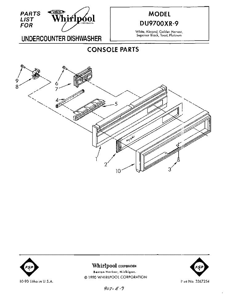CONSOLE Diagram and Parts List for DU9700XR9  Whirlpool Dishwasher