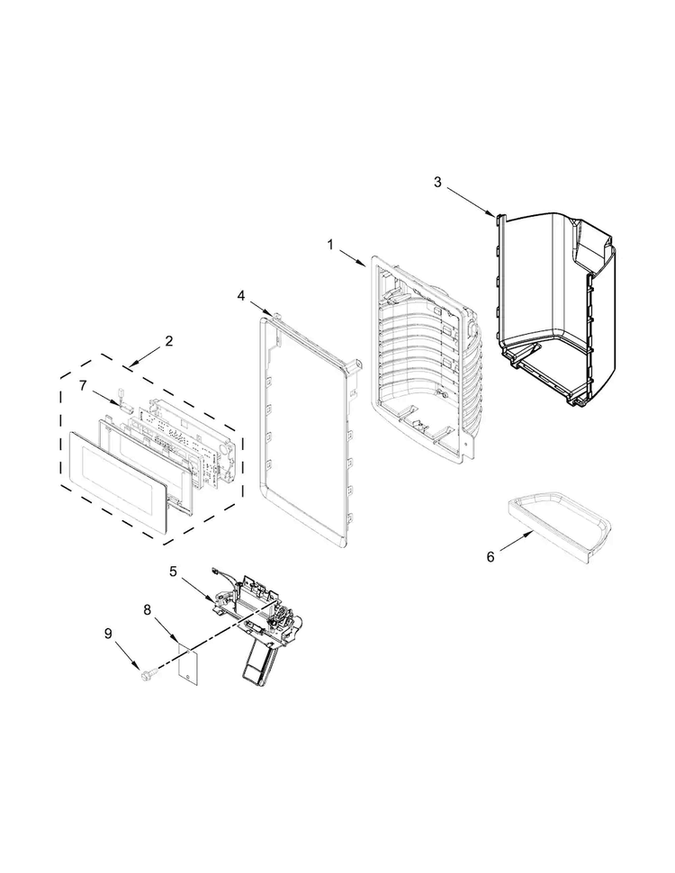 Dispenser Front Parts Diagram and Parts List for WRF736SDAM11  Whirlpool Refrigerator