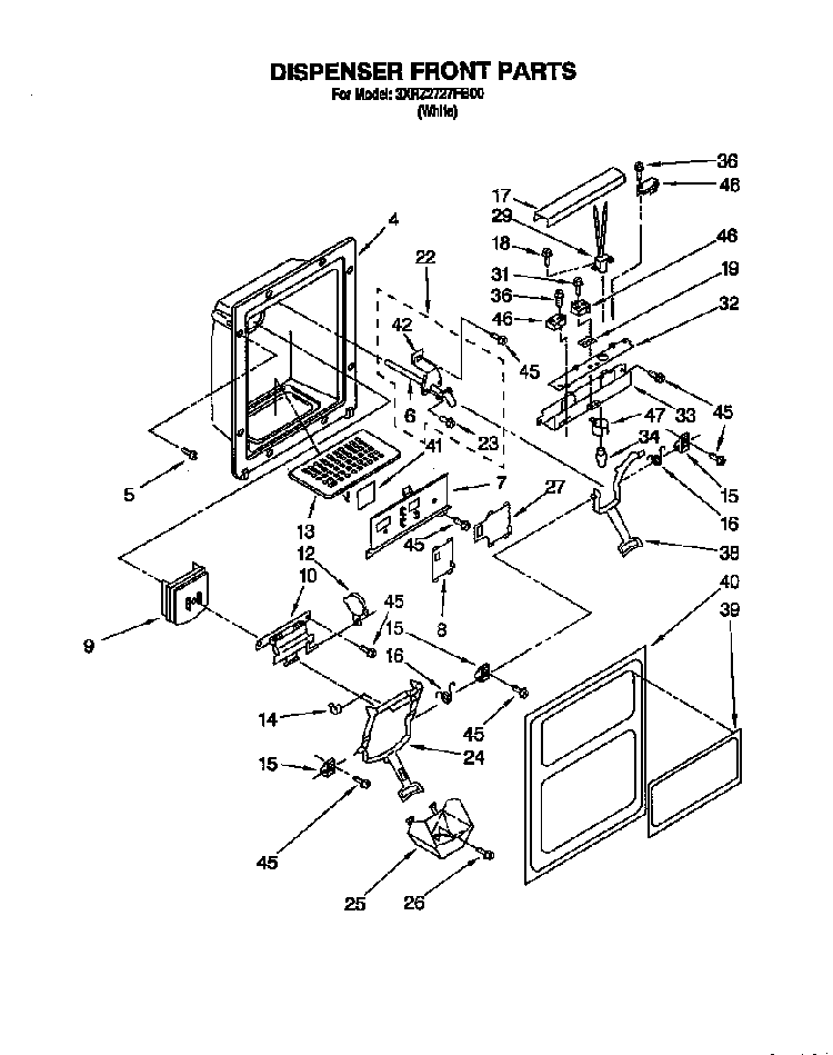 Dispenser Front Diagram and Parts List for 3XR2727FB00  Whirlpool Refrigerator