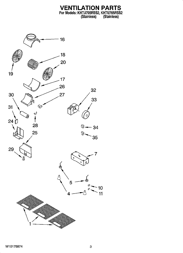 VENTILATION PARTS Diagram and Parts List for KHTU705RSS2  KitchenAid Range Hood