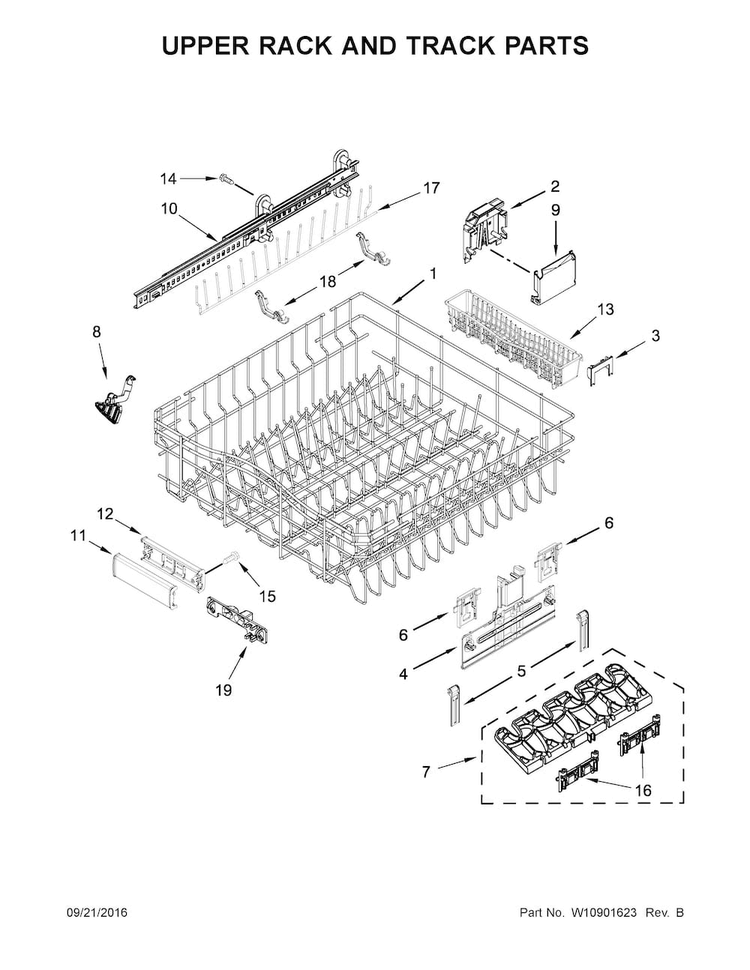 Upper Rack And Track Parts Diagram and Parts List for KDTE254ESS2  KitchenAid Dishwasher