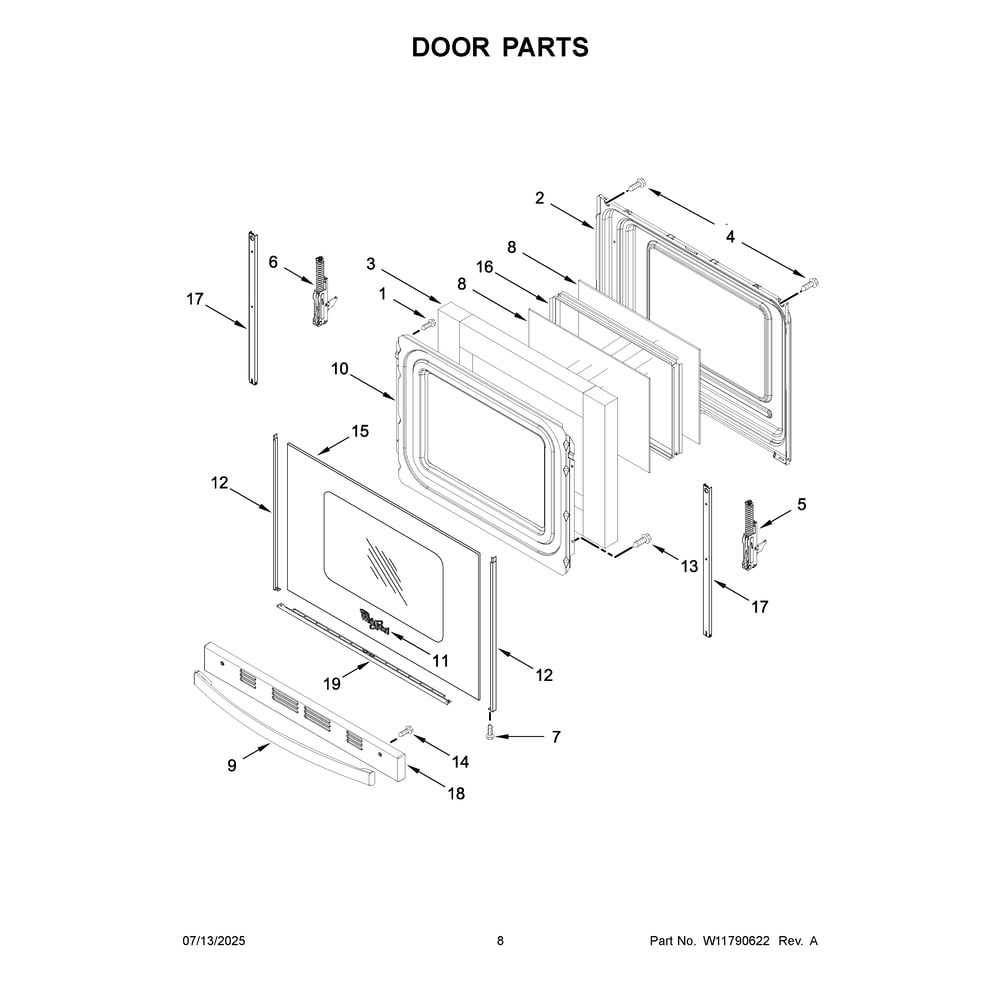 Door Parts Diagram and Parts List for YWFES5730SZ0  Whirlpool Range