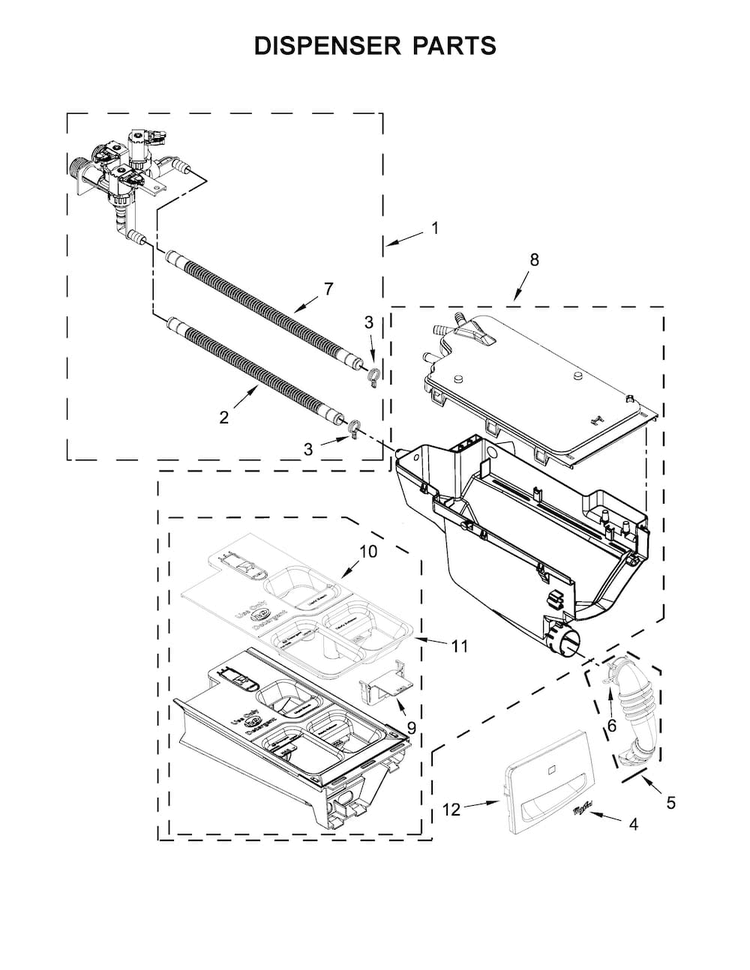 Dispenser Parts Diagram and Parts List for WFW72HEDW0  Whirlpool Washer
