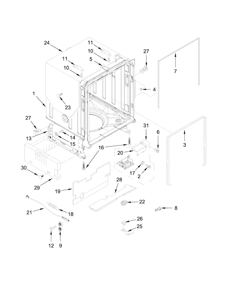 Tub And Frame Parts Diagram and Parts List for KDTM354ESS0  KitchenAid Dishwasher