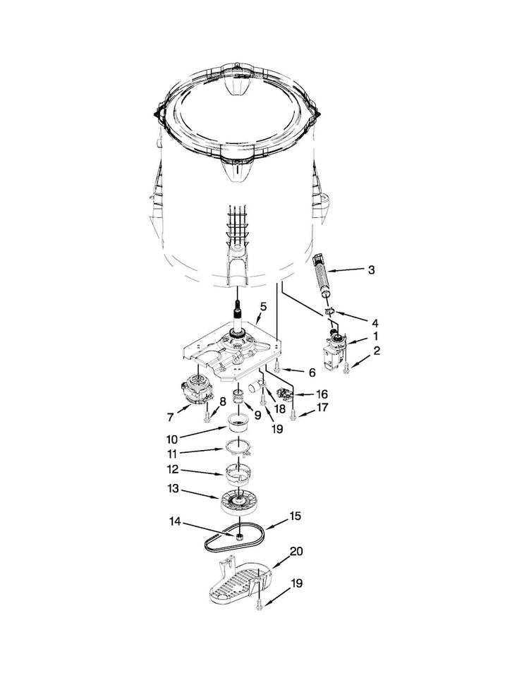 Gearcase, Motor And Pump Parts Diagram and Parts List for 7MWTW1799BQ0  Whirlpool Washer