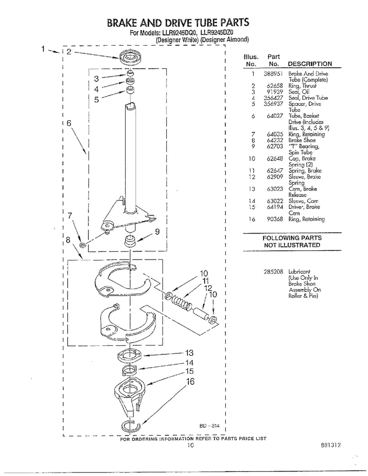 Brake And Drive Tube Parts Diagram and Parts List for LLR9245DQO  Whirlpool Washer