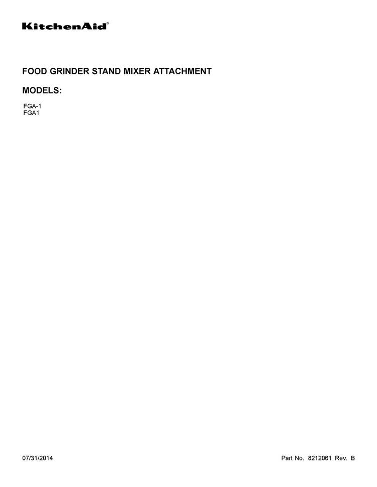 Cover Sheet Diagram and Parts List for FGA1  KitchenAid Mixer