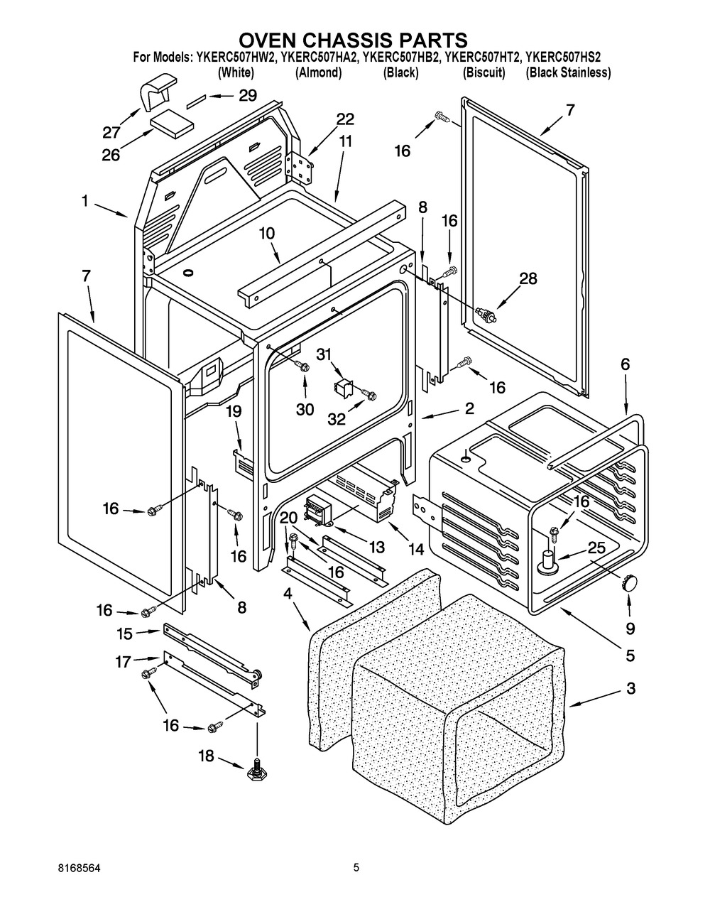 Oven Chassis Parts Diagram and Parts List for YKERC507HA2  Whirlpool Range
