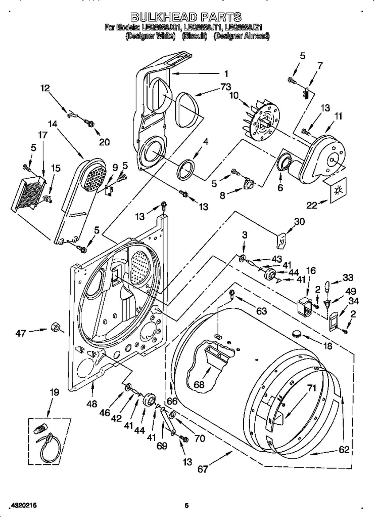 Bulkhead Diagram and Parts List for 885453  Whirlpool Dryer