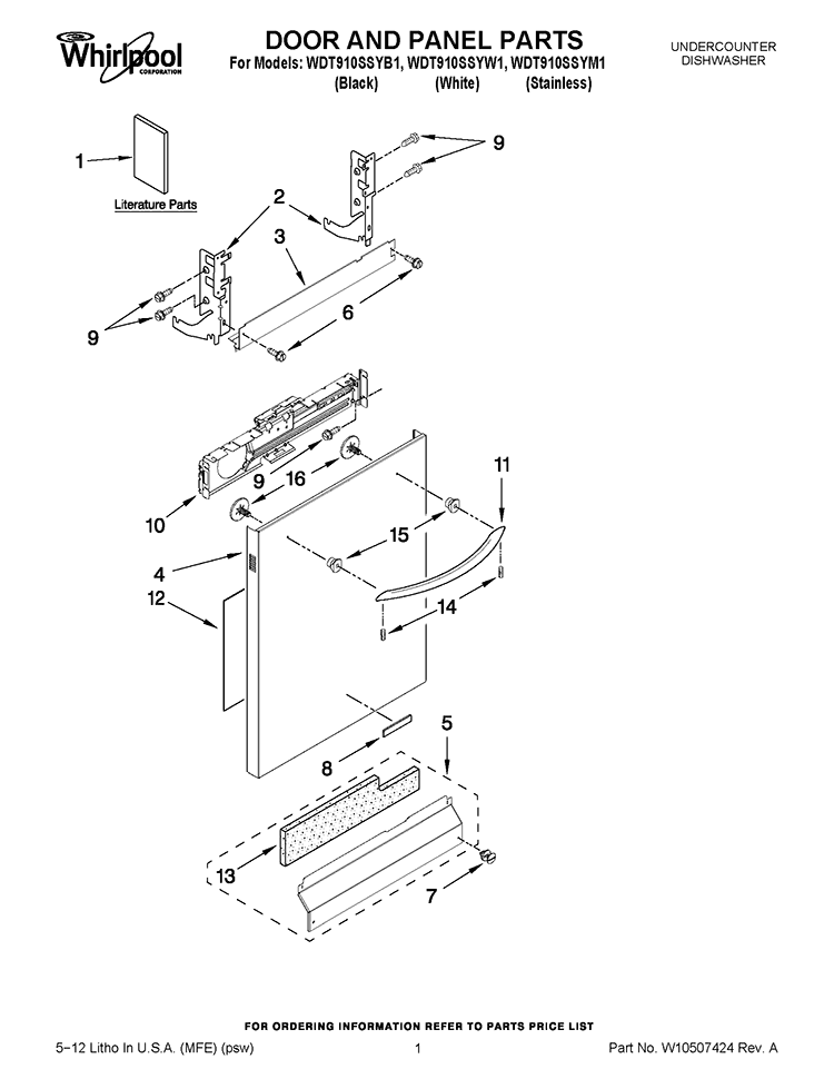 DOOR AND PANEL PARTS Diagram and Parts List for WDT910SSYW1  Whirlpool Dishwasher