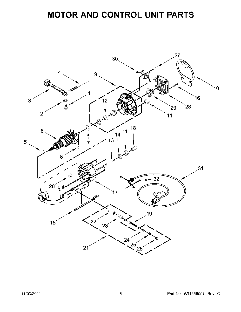 Motor And Control Unit Parts Diagram and Parts List for KSM195PSMS0  KitchenAid Mixer