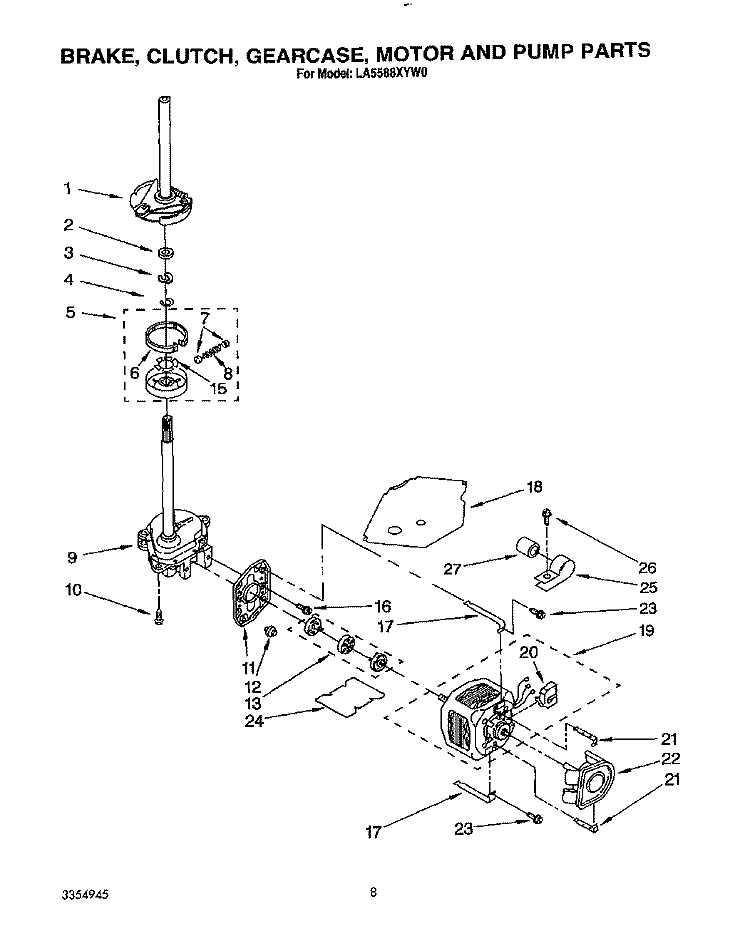 BRAKE, CLUTCH, GEARCASE, MOTOR AND PUMP Diagram and Parts List for LA5588XYW0  Whirlpool Washer