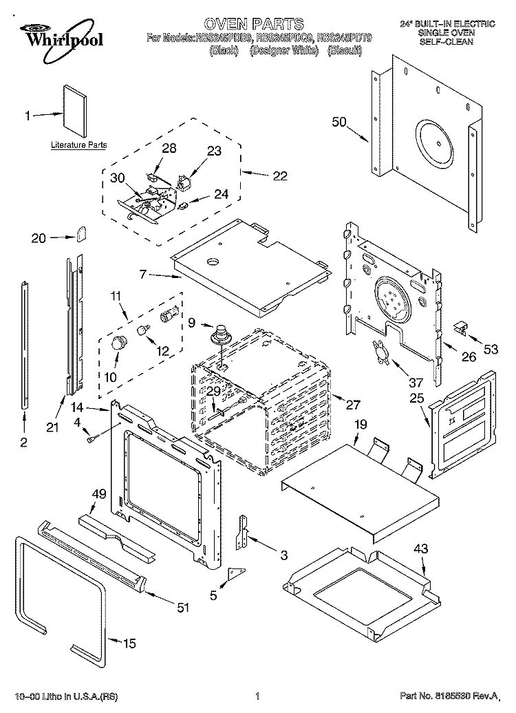 OVEN, LITERATURE Diagram and Parts List for RBS245PDB9  Whirlpool Wall Oven