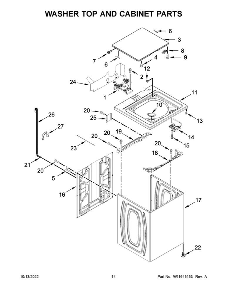 Washer Top And Cabinet Parts Diagram and Parts List for WGTLV27HW3  Whirlpool Washer Dryer Combo