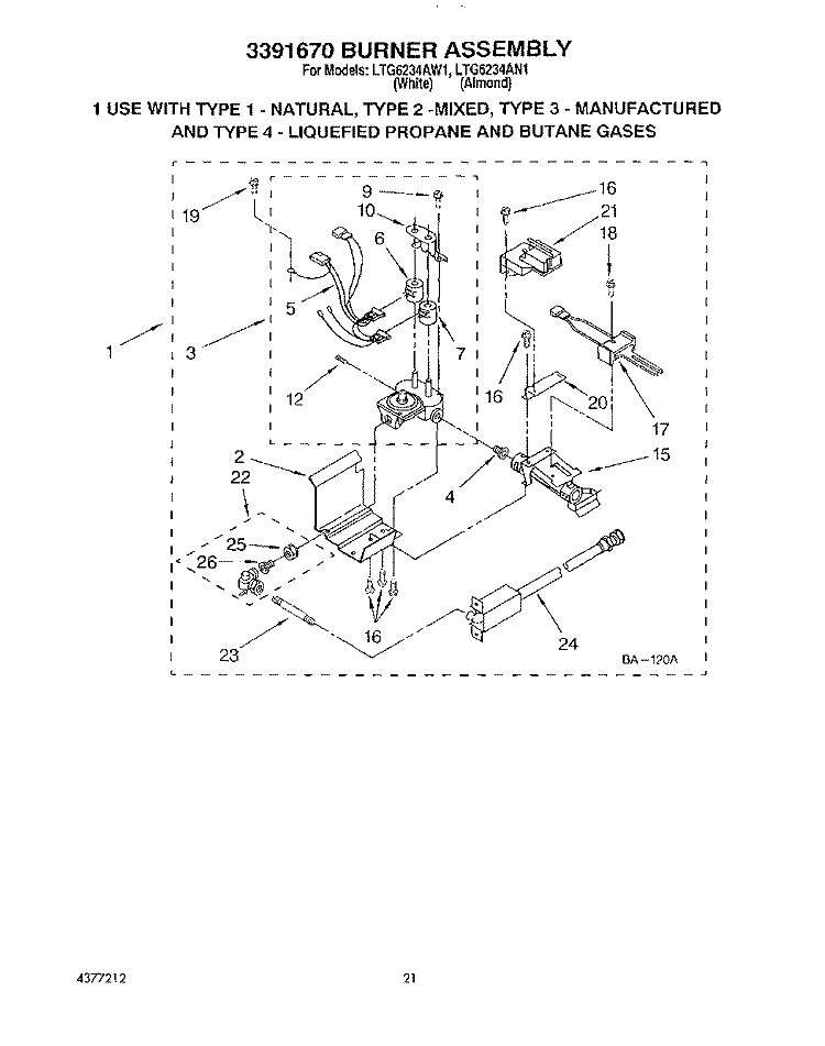 3391670 BURNER ASSEMBLY Diagram and Parts List for LTG6234AW1  Whirlpool Washer Dryer Combo