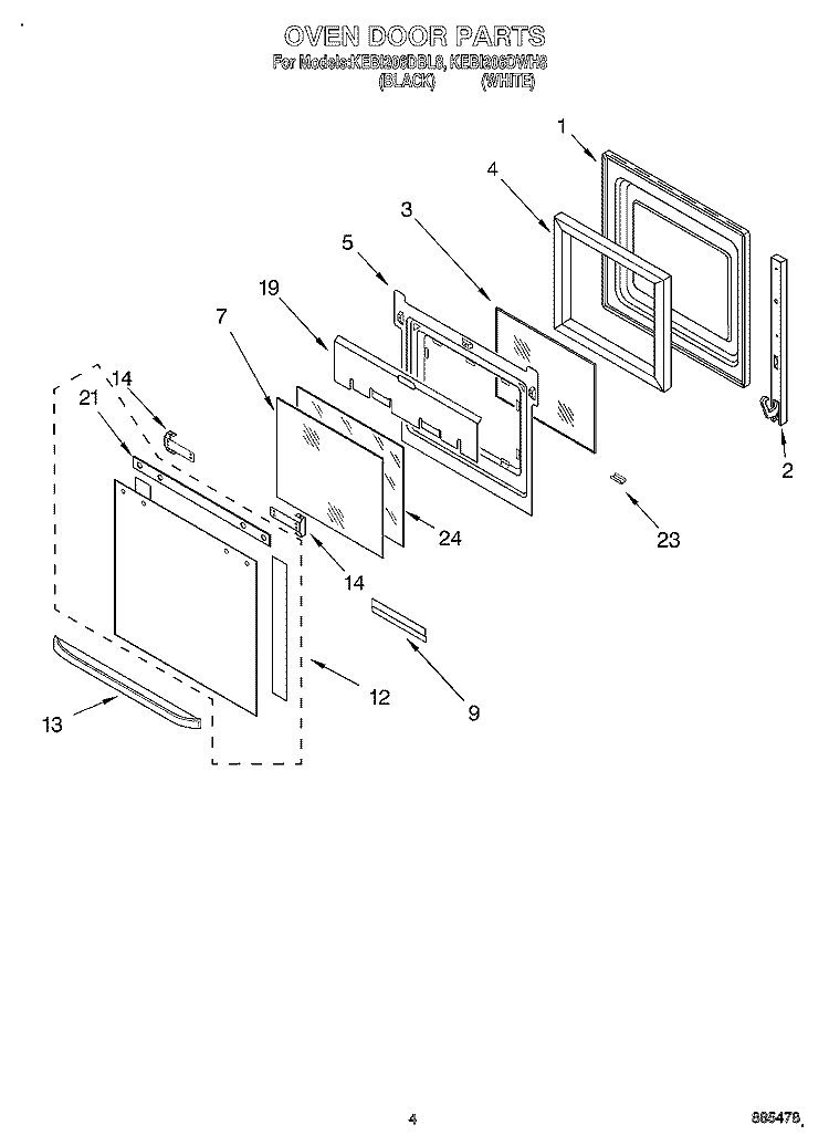 OVEN DOOR Diagram and Parts List for KEBI206DBL8  KitchenAid Wall Oven