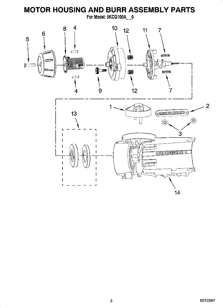 MOTOR HOUSING AND BURR ASSEMBLY PARTS Diagram and Parts List for 5KCG100APM0  KitchenAid Coffee Grinder