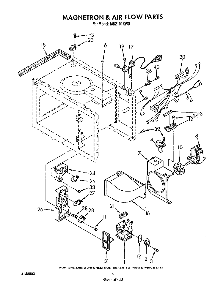 MAGNETRON AND AIR FLOW Diagram and Parts List for MS2101XW0  Whirlpool Microwave
