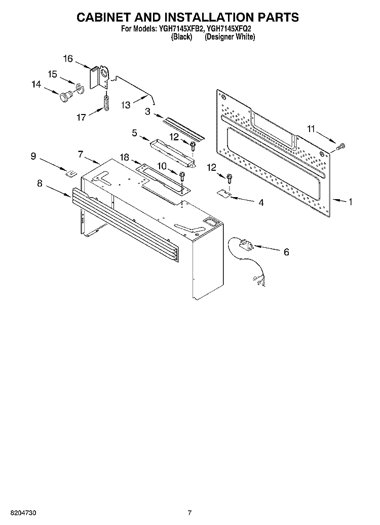 CABINET AND INSTALLATION PARTS Diagram and Parts List for YGH7145XFB2  Whirlpool Microwave