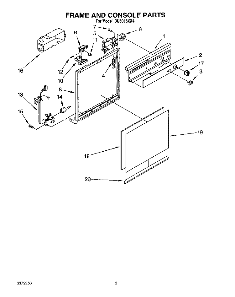 FRAME AND CONSOLE Diagram and Parts List for DU8016XX4  Whirlpool Dishwasher