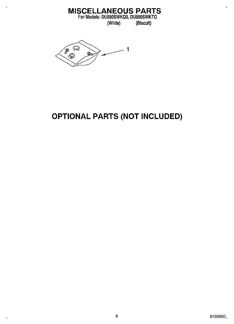 MISCELLANEOUS, OPTIONAL Diagram and Parts List for DU890SWKT0  Whirlpool Dishwasher