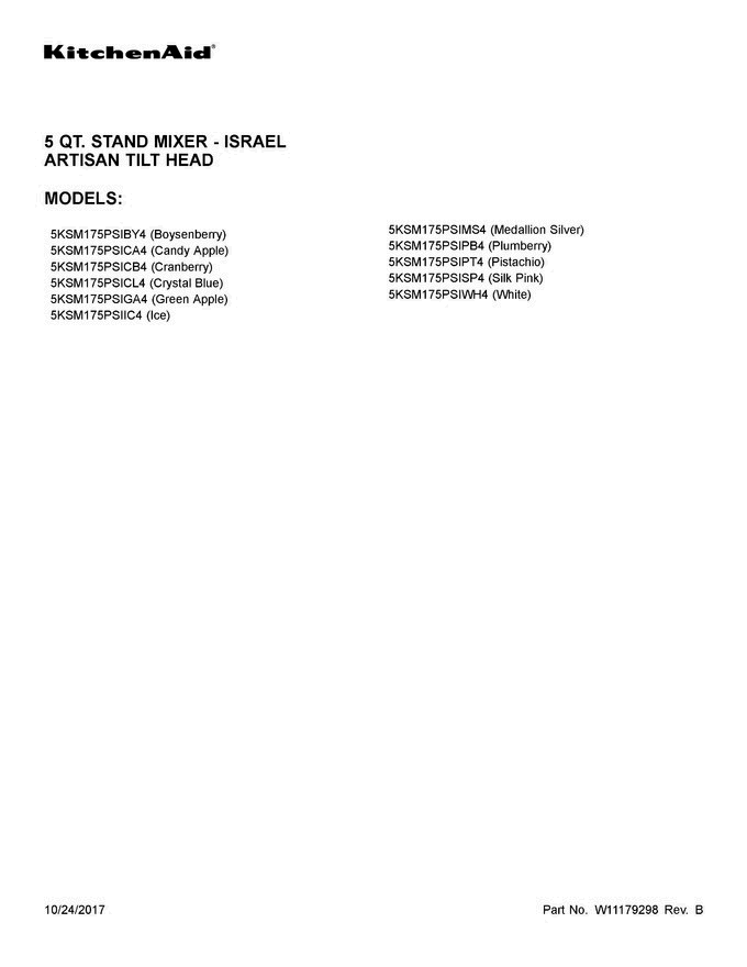 01 - Cover Sheet Diagram and Parts List for 5KSM175PSICA4  KitchenAid Mixer