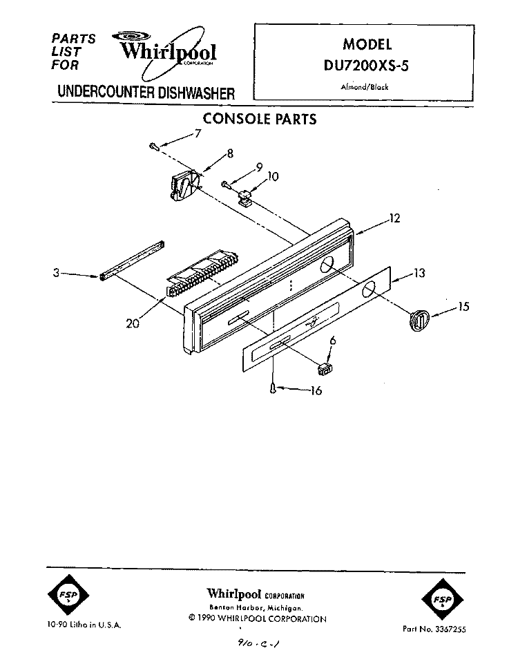 CONSOLE Diagram and Parts List for DU7200XS5  Whirlpool Dishwasher